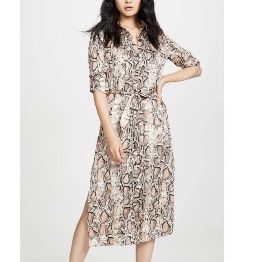 BB Dakota Women Snake‎ Print Long Sleeve Button Front Belted Shirt Dress Midi